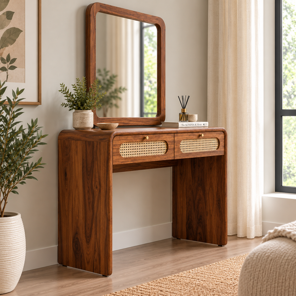 Modern Sheesham Wood Console Table with Handwoven Cane Drawers-with mirror