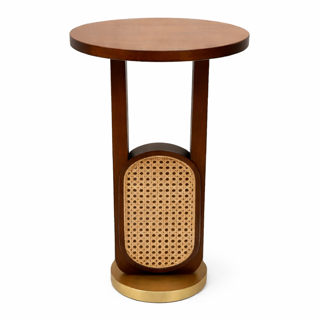 Elegant Mid-Modern Cane Accent Side Table with Wooden Finish & Brass Finish Base