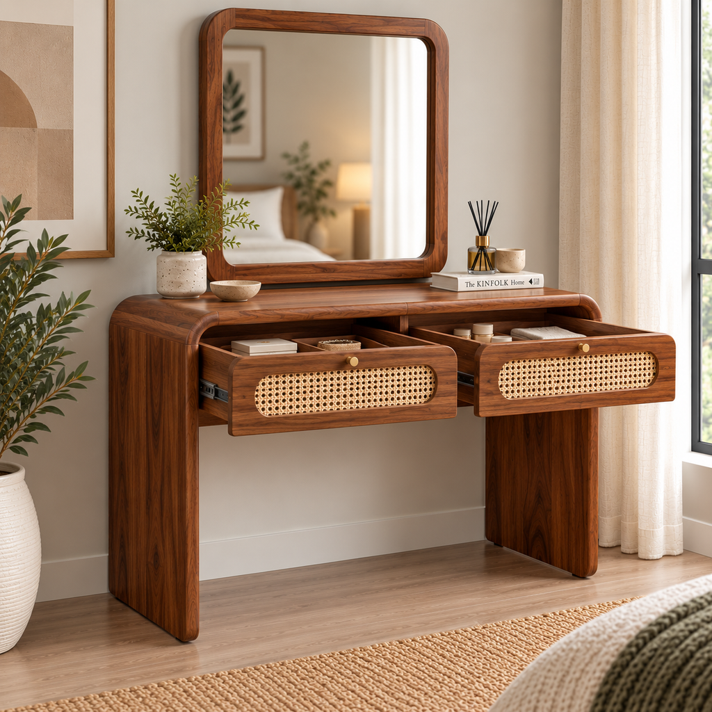 Modern Sheesham Wood Console Table with Handwoven Cane Drawers-with mirror