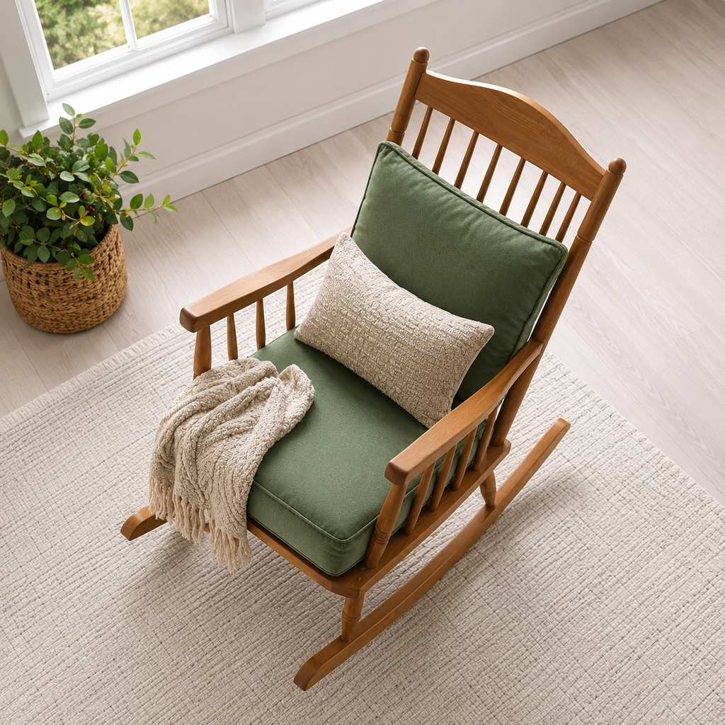 High-Back Solid Wood Rocking Chair with Cushions