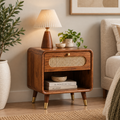 Modern Sheesham Wood Bedside Table with Handwoven Cane Drawer