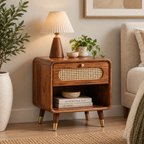 Modern Sheesham Wood Bedside Table with Handwoven Cane Drawer