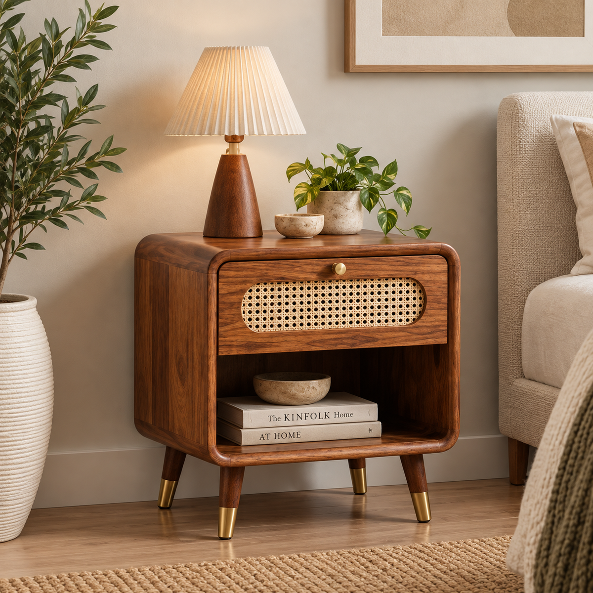 Modern Sheesham Wood Bedside Table with Handwoven Cane Drawer