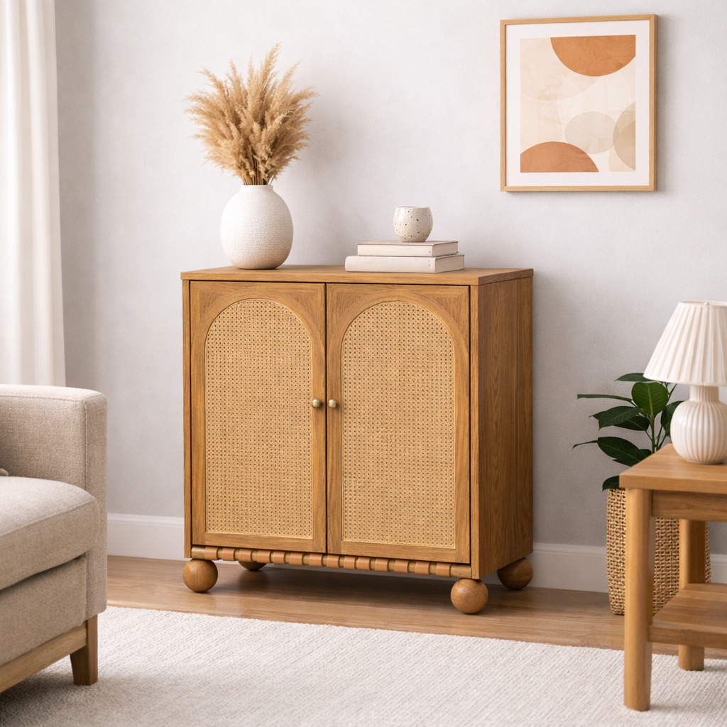 Valencia Rattan Arched Wooden Accent Cabinet | Mamta Handicraft