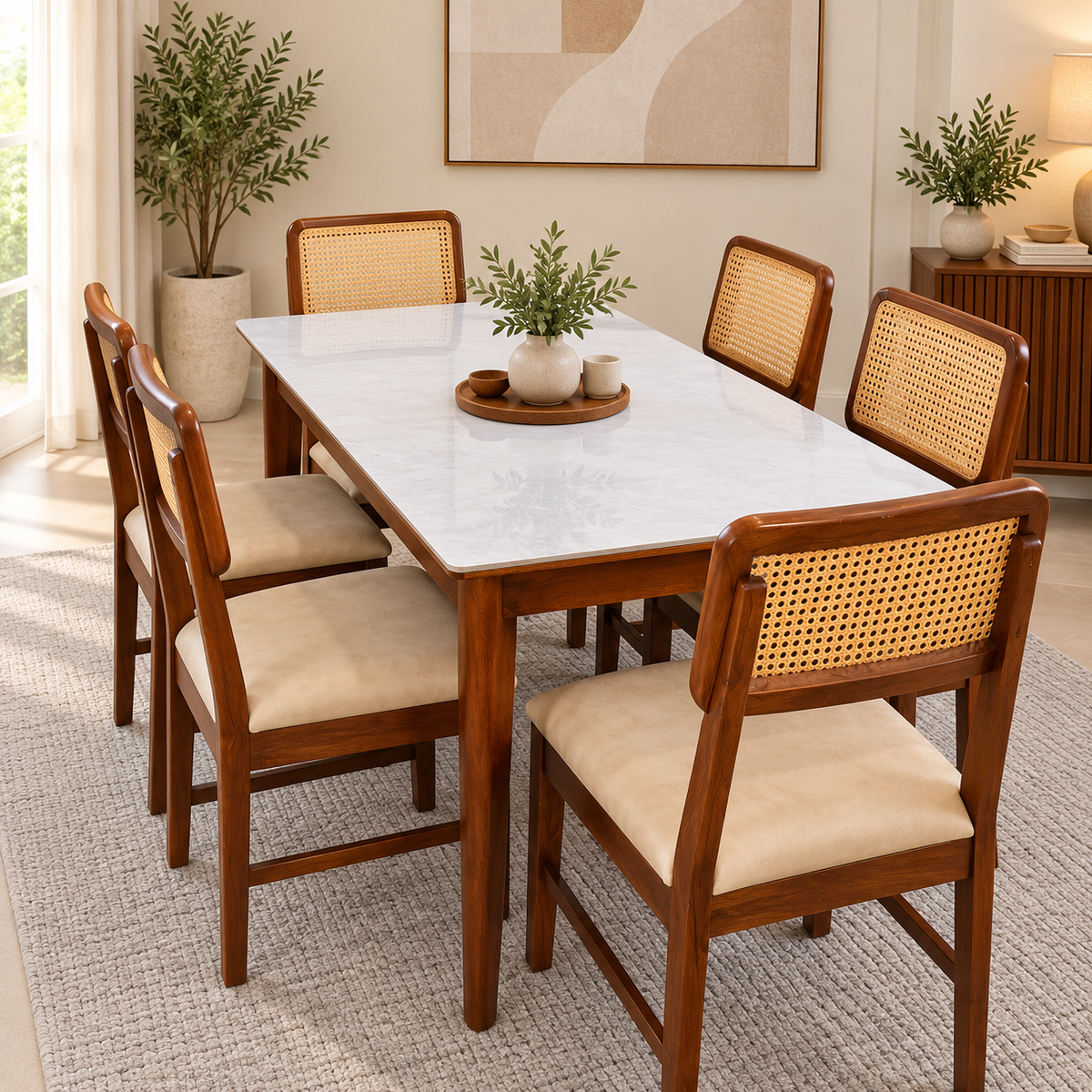 Modern Ceramic Top Dining Table Set with Chairs-6 Seater