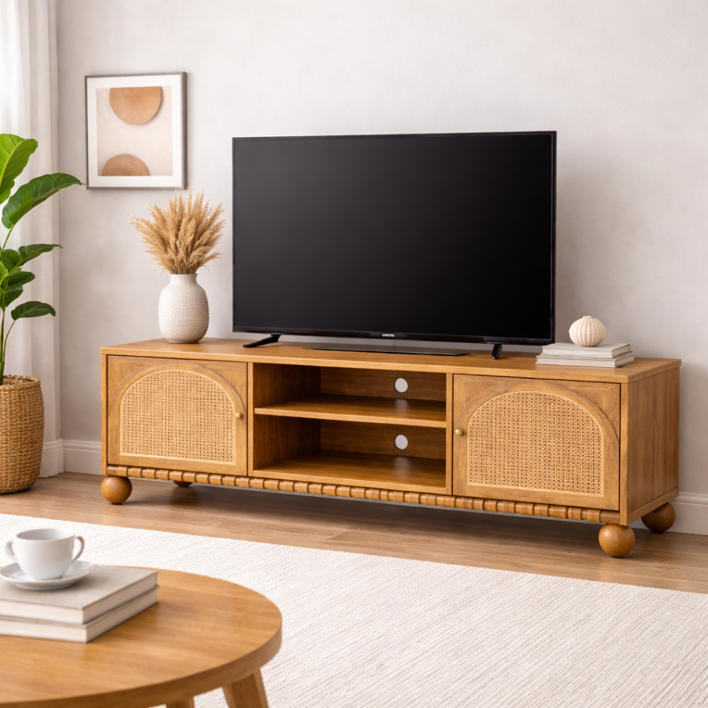 Valencia Rattan Arched Wooden TV Media Unit | Mamta Handicraft