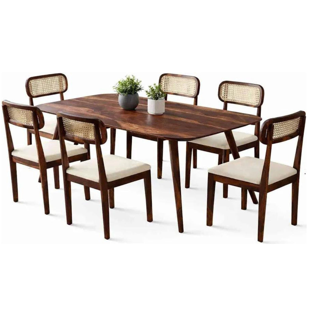 Premium Sheesham Wood 6 Seater Dining Set with Natural Cane Back Chairs