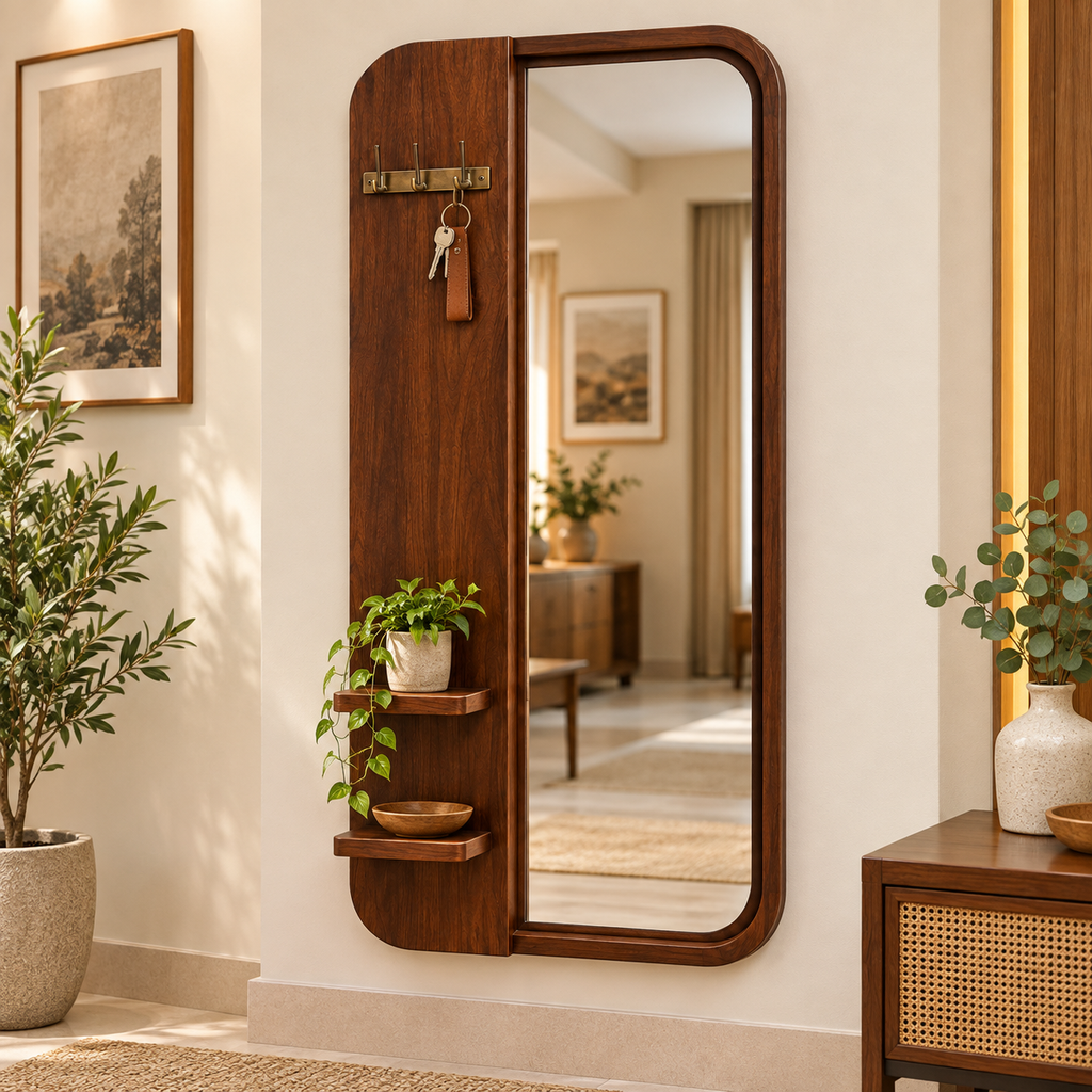 Modern Sheesham Wood Wall Mirror with Brass Hooks & Display Shelves