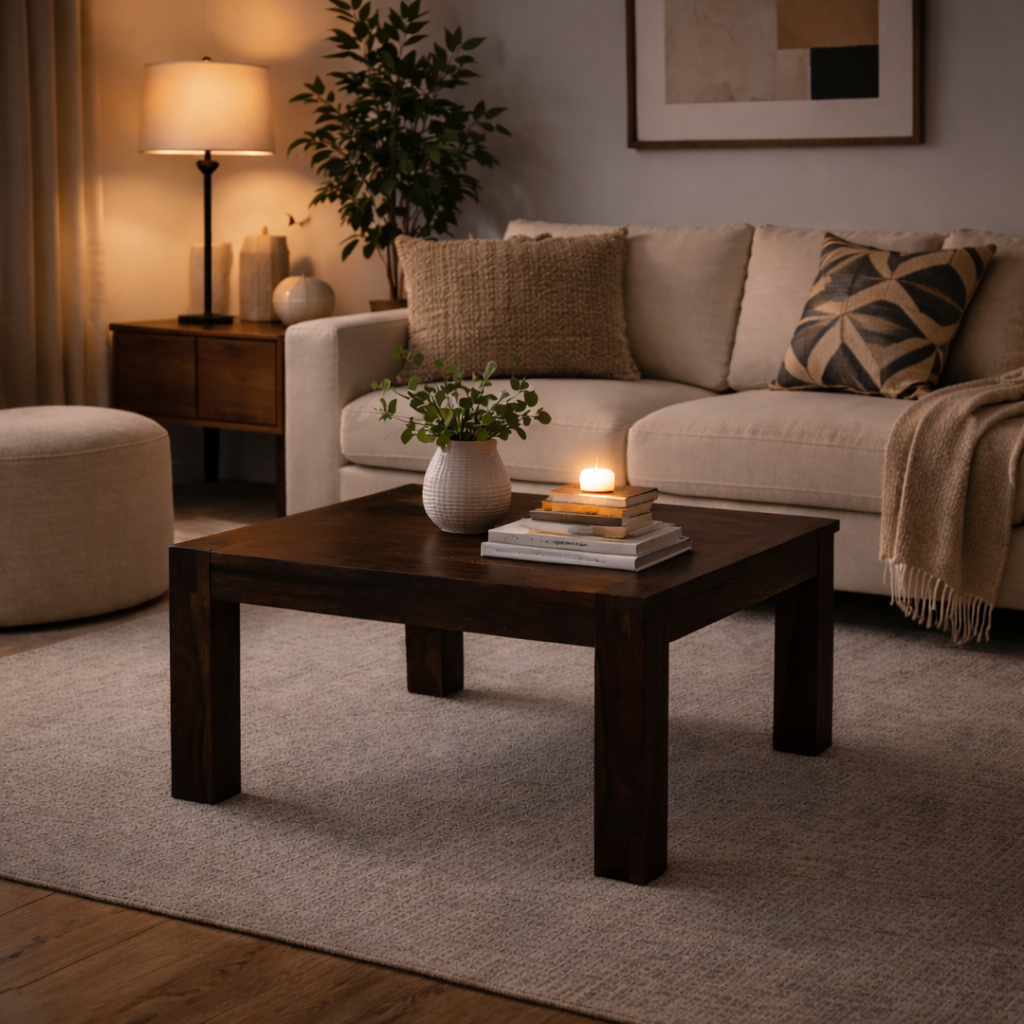 Sierra Sheesham Square Coffee Table Lifestyle | Mamta Handicraft