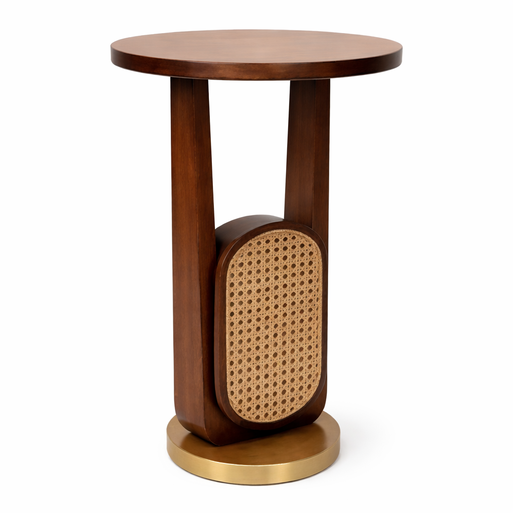 Elegant Mid-Modern Cane Accent Side Table with Wooden Finish & Brass Finish Base