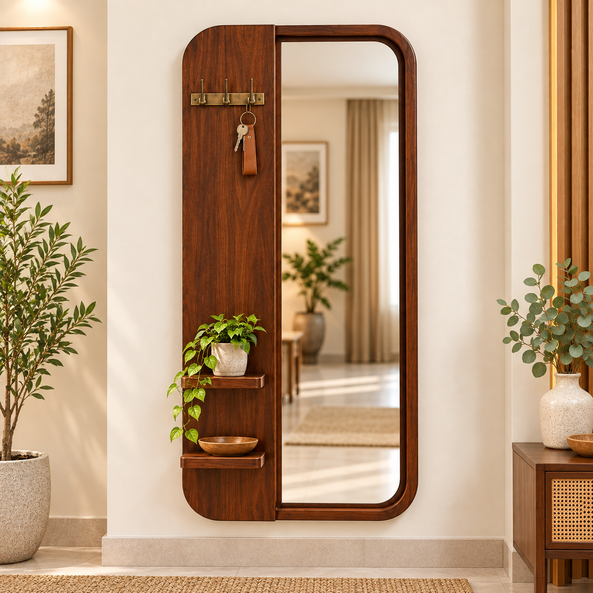 Modern Sheesham Wood Wall Mirror with Brass Hooks & Display Shelves