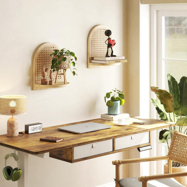 Natural Rattan Arch Wall Display Shelf- Set Of 2