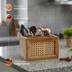 Natural Rattan Wooden Desk Organizer Storage Box- Set Of 2