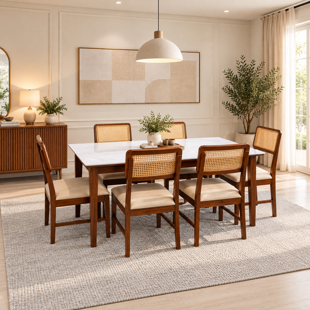 Modern Ceramic Top Dining Table Set with Chairs-6 Seater