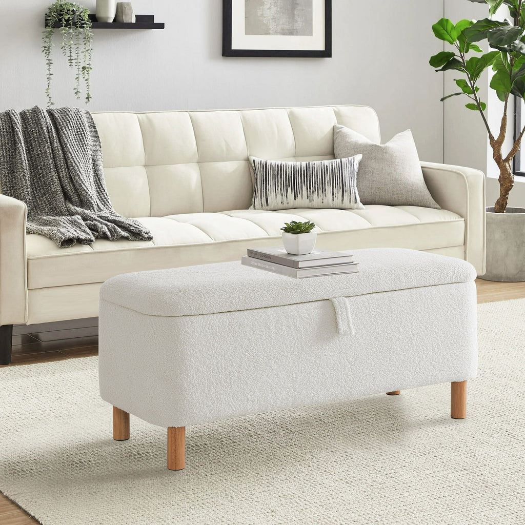 39.5" Boucle Storage Ottoman Bench for Living Room Bedroom Foot Rest End of Bed Wood Leg