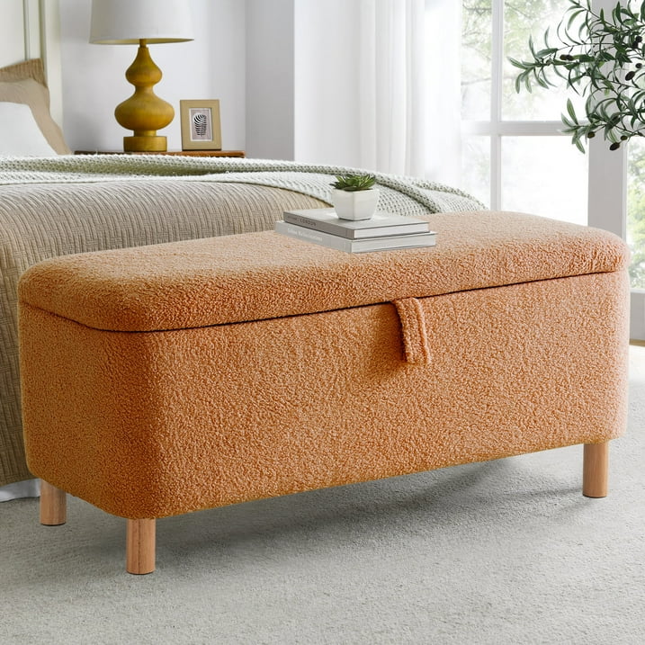 39.5" Boucle Storage Ottoman Bench for Living Room Bedroom Foot Rest End of Bed Wood Leg
