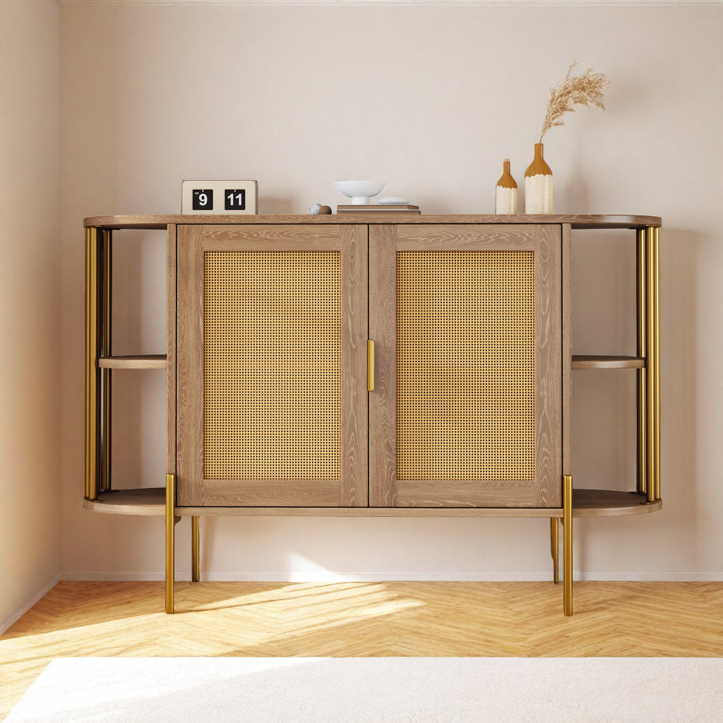 47" Elegant Rattan Cabinet – Gold Accent Storage with Curved Shelves
