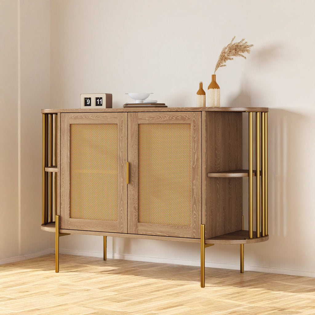 47" Elegant Rattan Cabinet – Gold Accent Storage with Curved Shelves