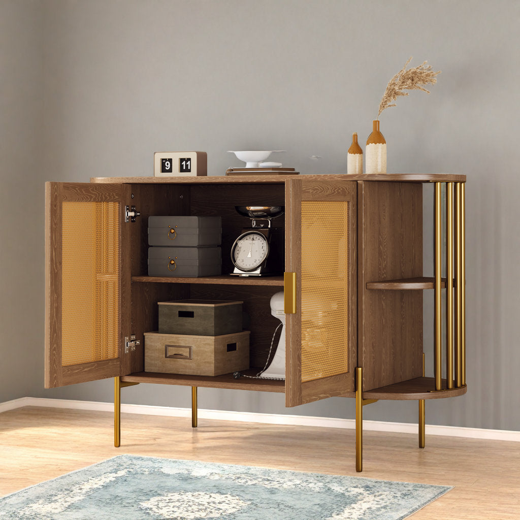 47" Elegant Rattan Cabinet – Gold Accent Storage with Curved Shelves