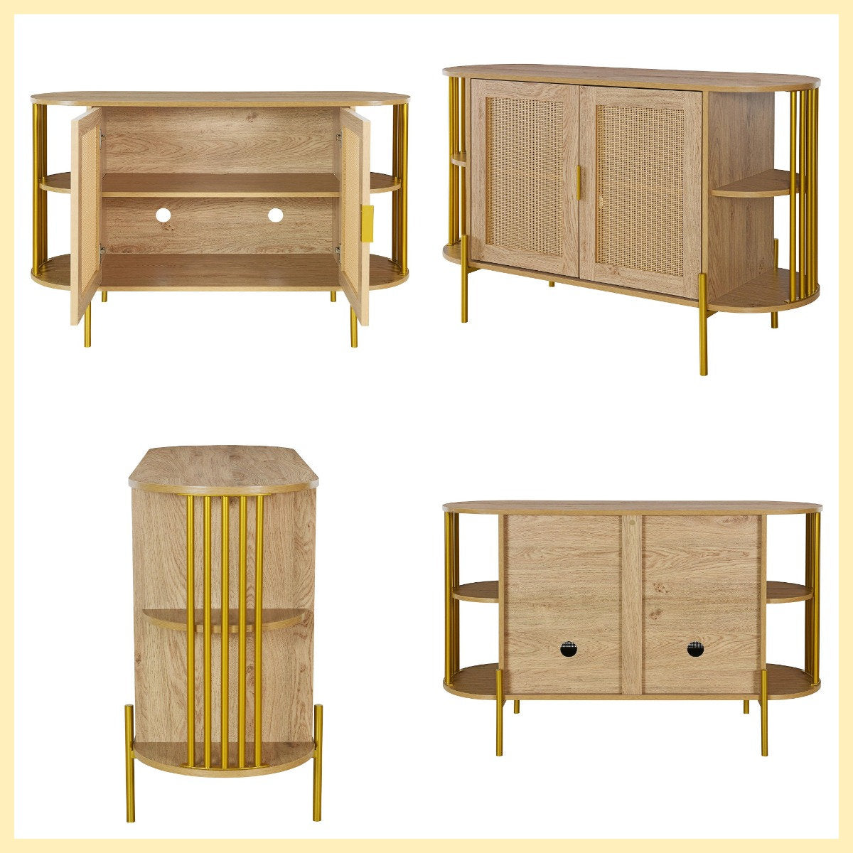 47" Elegant Rattan Cabinet – Gold Accent Storage with Curved Shelves