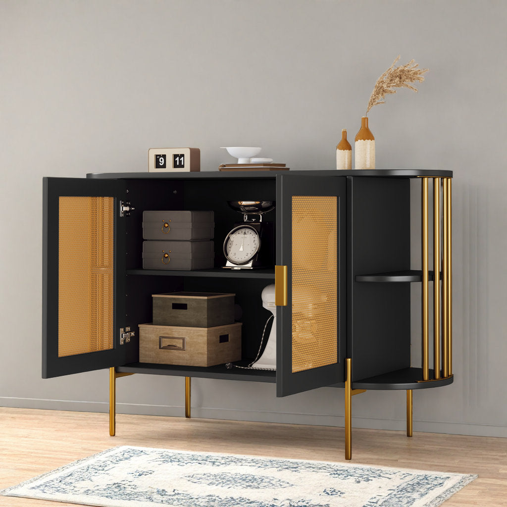 47" Elegant Rattan Cabinet – Gold Accent Storage with Curved Shelves