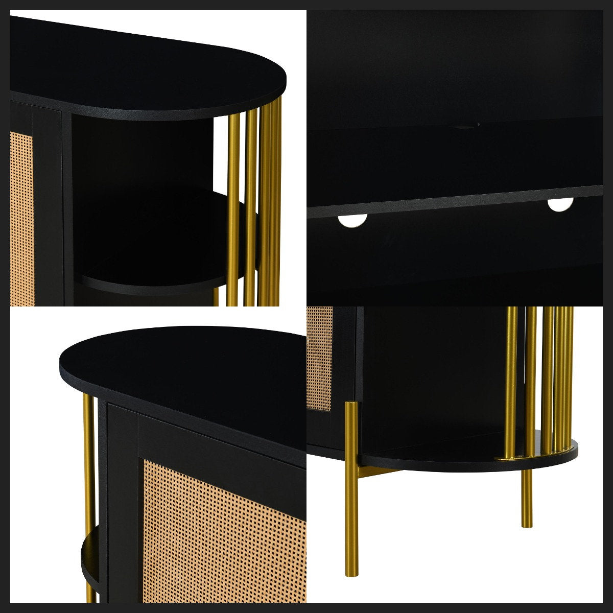 47" Elegant Rattan Cabinet – Gold Accent Storage with Curved Shelves