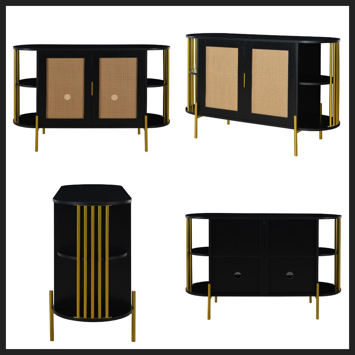 47" Elegant Rattan Cabinet – Gold Accent Storage with Curved Shelves