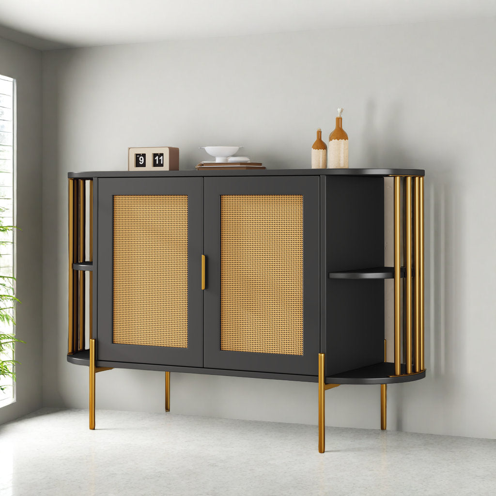 47" Elegant Rattan Cabinet – Gold Accent Storage with Curved Shelves