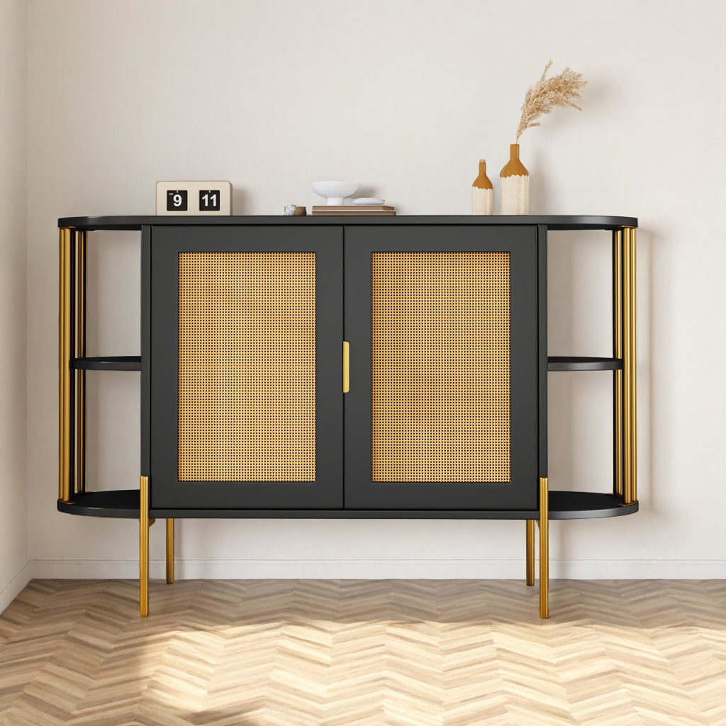 47" Elegant Rattan Cabinet – Gold Accent Storage with Curved Shelves