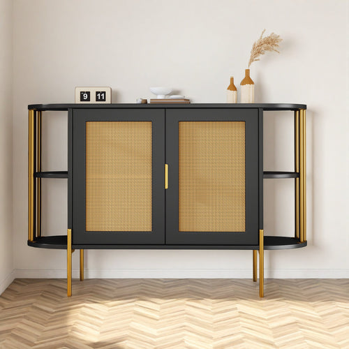 {"alt" => "47\" Elegant Rattan Cabinet – Gold Accent Storage with Curved Shelves"}