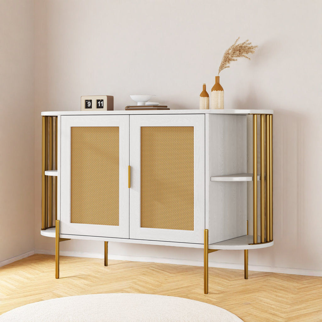 47" Elegant Rattan Cabinet – Gold Accent Storage with Curved Shelves