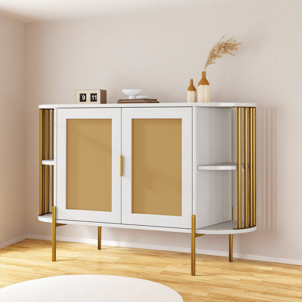 47" Elegant Rattan Cabinet – Gold Accent Storage with Curved Shelves