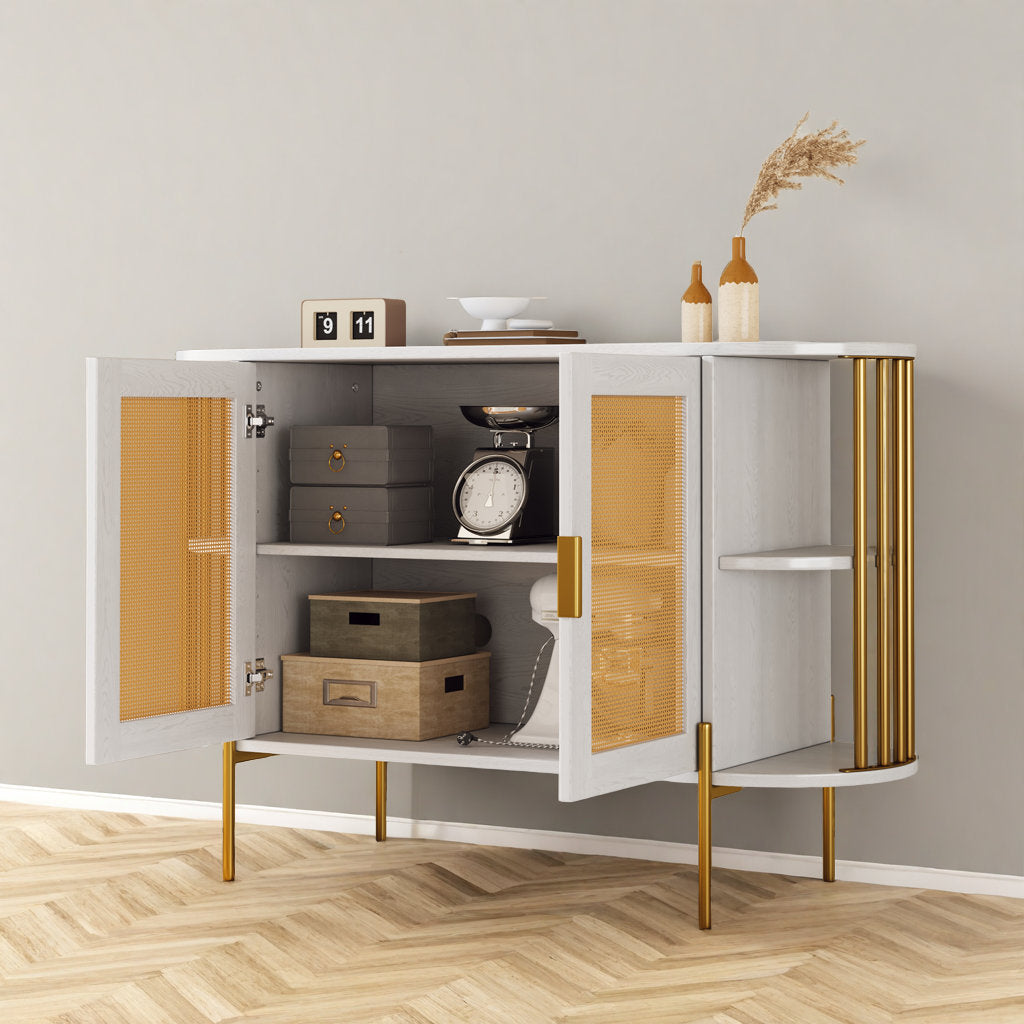 47" Elegant Rattan Cabinet – Gold Accent Storage with Curved Shelves