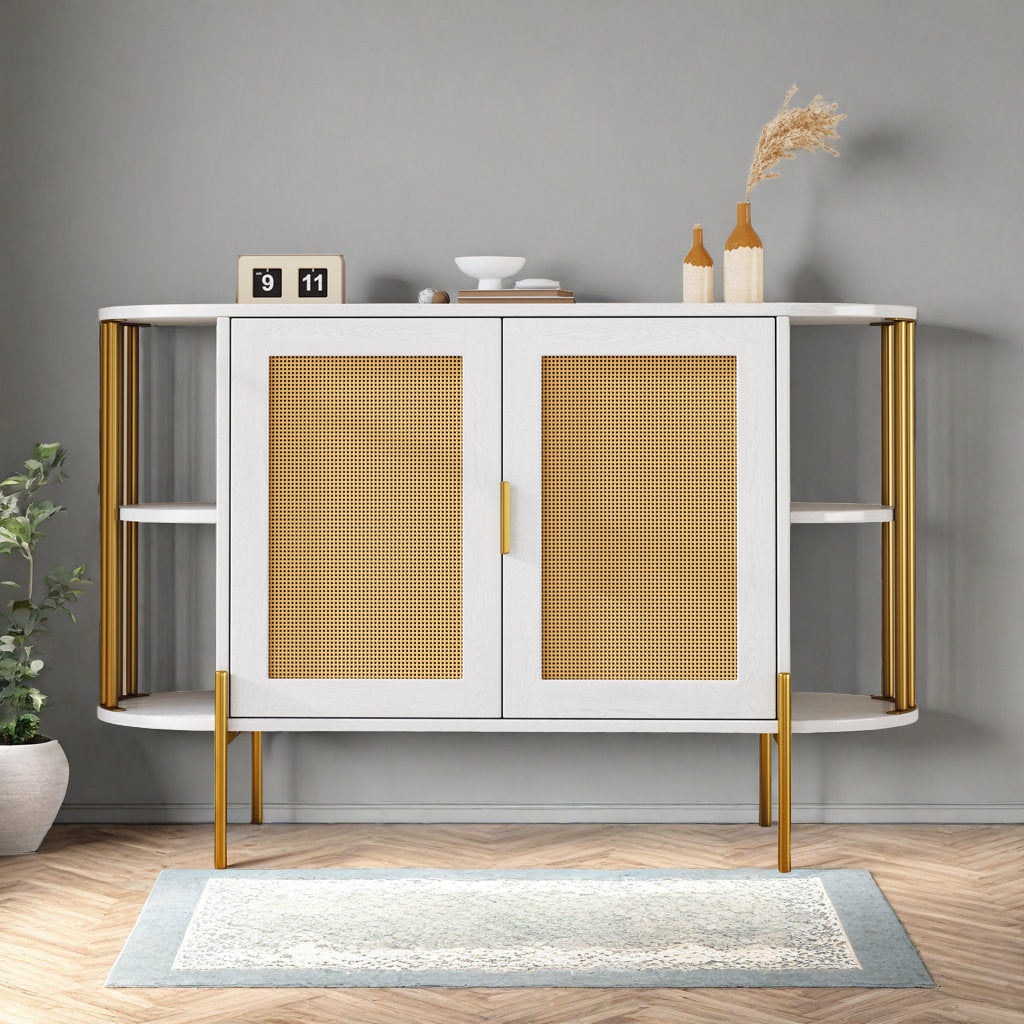 47" Elegant Rattan Cabinet – Gold Accent Storage with Curved Shelves