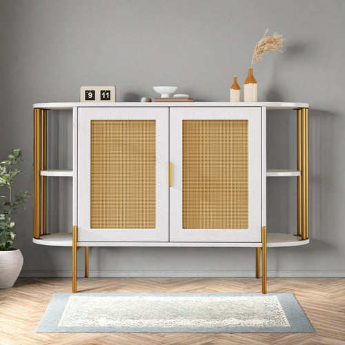 {"alt" => "47\" Elegant Rattan Cabinet – Gold Accent Storage with Curved Shelves"}