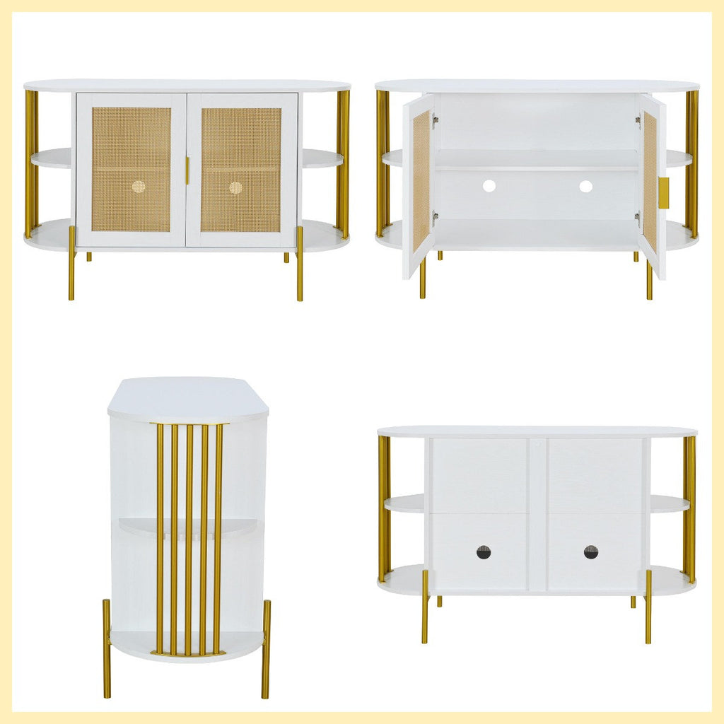 47" Elegant Rattan Cabinet – Gold Accent Storage with Curved Shelves