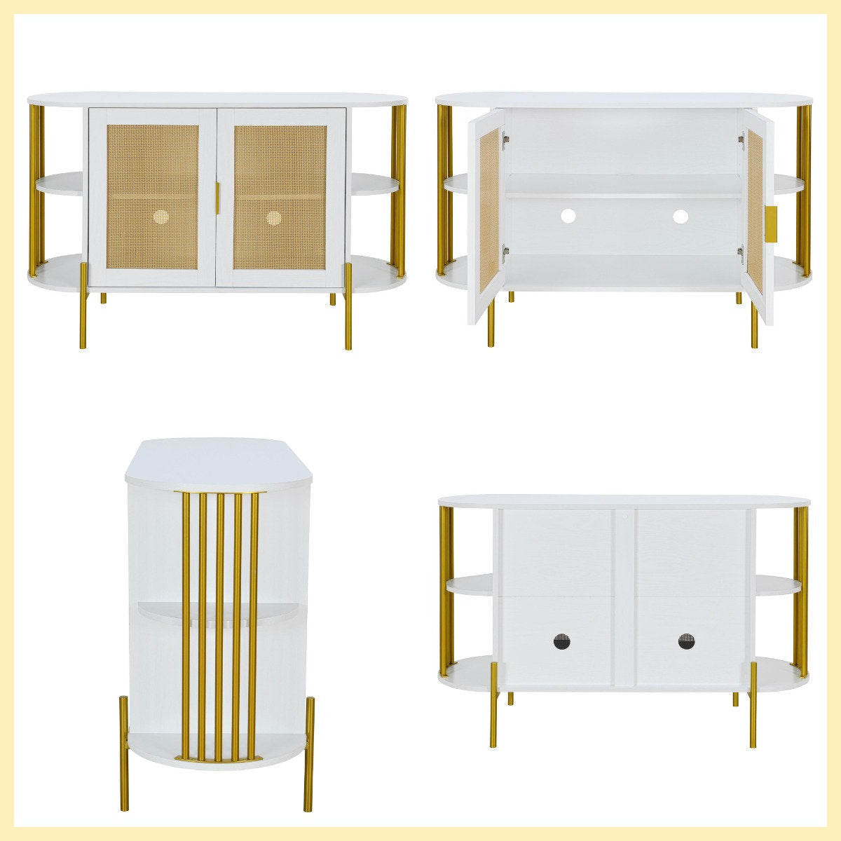 47" Elegant Rattan Cabinet – Gold Accent Storage with Curved Shelves