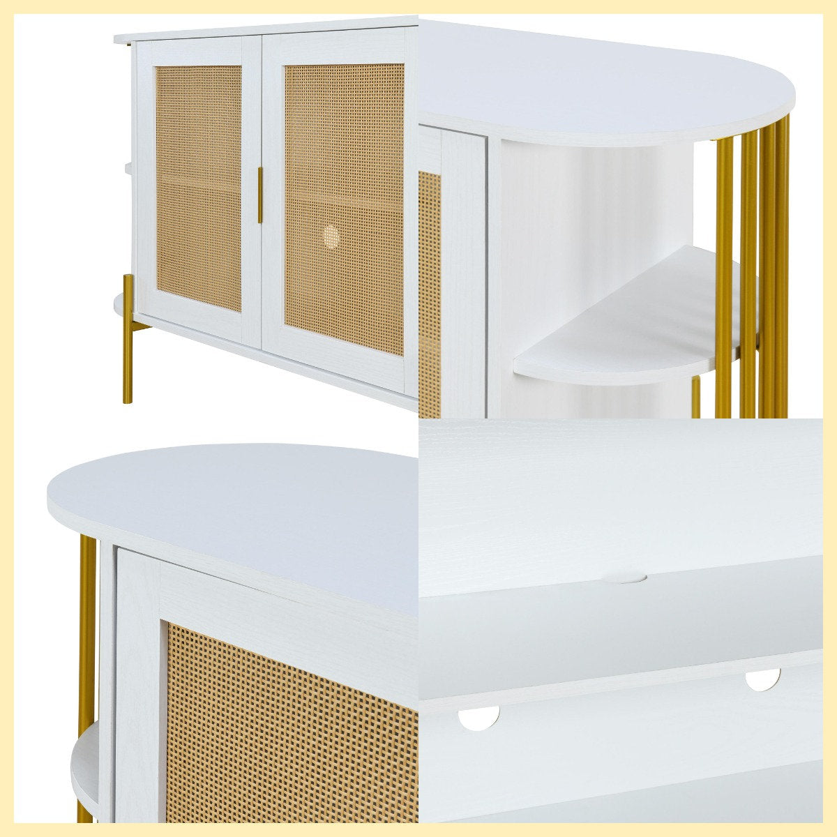 47" Elegant Rattan Cabinet – Gold Accent Storage with Curved Shelves
