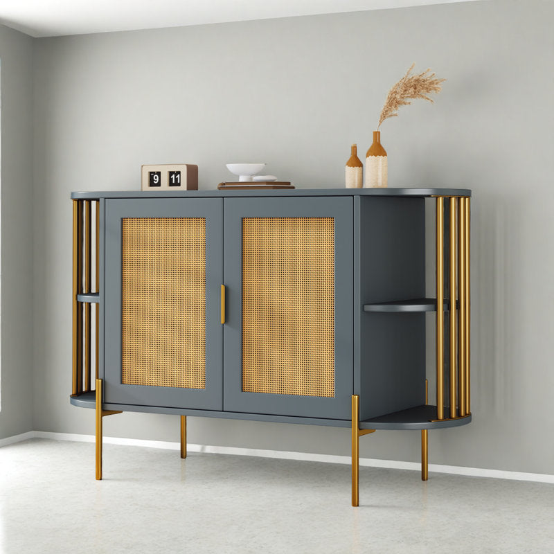 47" Elegant Rattan Cabinet – Gold Accent Storage with Curved Shelves