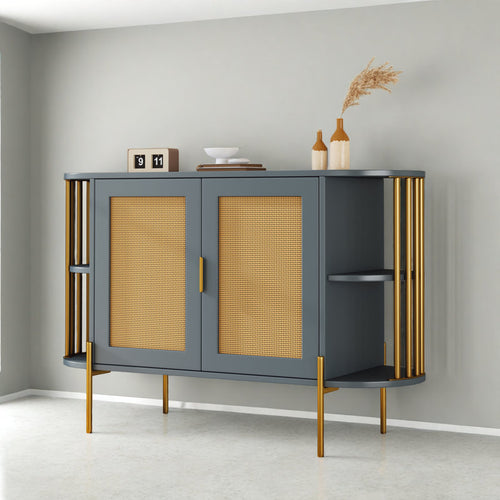 47" Elegant Rattan Cabinet – Gold Accent Storage with Curved Shelves