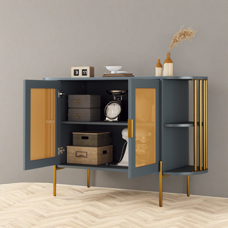 47" Elegant Rattan Cabinet – Gold Accent Storage with Curved Shelves