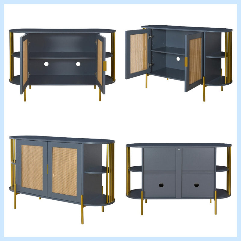 47" Elegant Rattan Cabinet – Gold Accent Storage with Curved Shelves