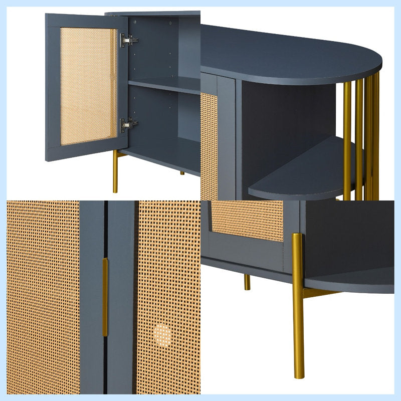 47" Elegant Rattan Cabinet – Gold Accent Storage with Curved Shelves