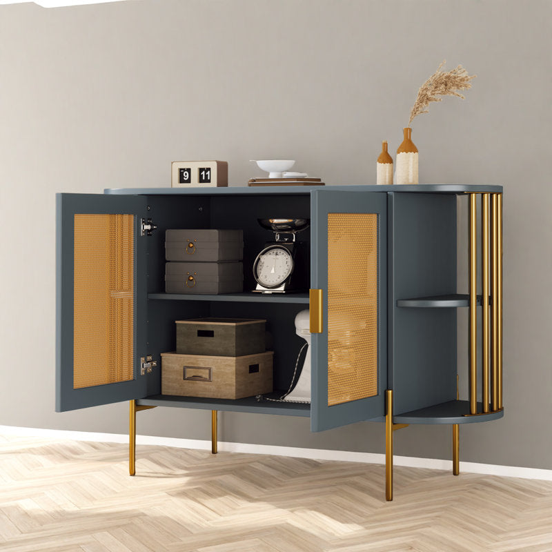 47" Elegant Rattan Cabinet – Gold Accent Storage with Curved Shelves