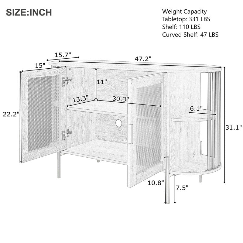 47" Elegant Rattan Cabinet – Gold Accent Storage with Curved Shelves