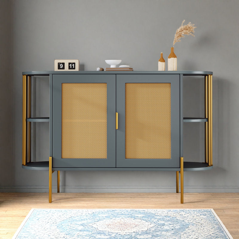 47" Elegant Rattan Cabinet – Gold Accent Storage with Curved Shelves