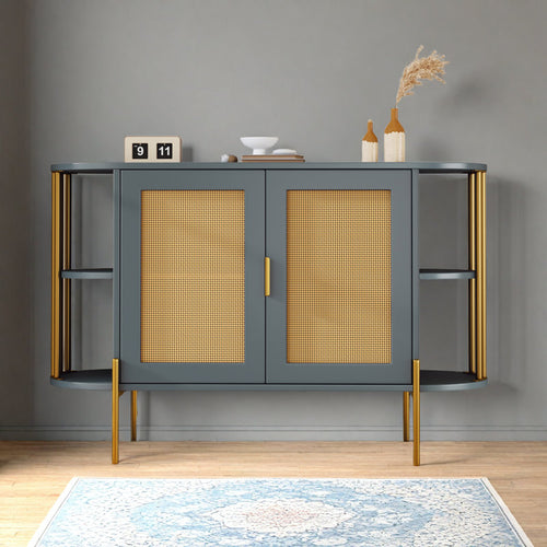 {"alt" => "47\" Elegant Rattan Cabinet – Gold Accent Storage with Curved Shelves"}