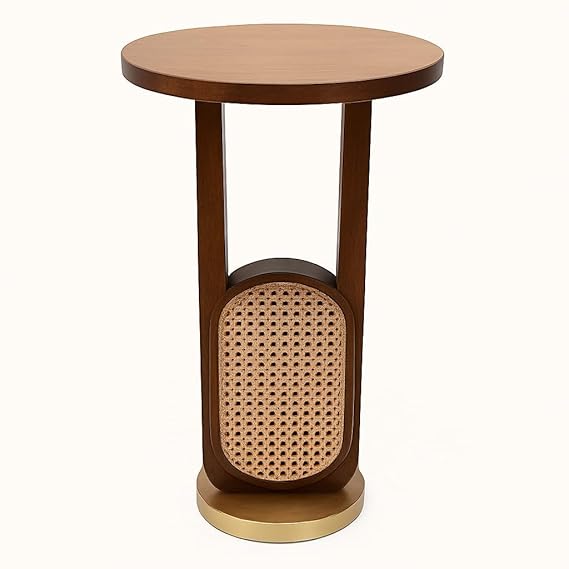 Elegant Mid-Modern Cane Accent Side Table with Wooden Finish & Brass Finish Base