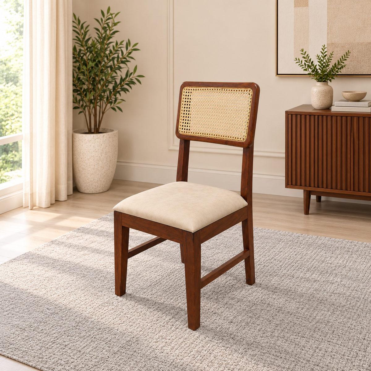 Modern Solid Wood Upholstered Dining Chair with Handwoven Cane Backrest-set of 2
