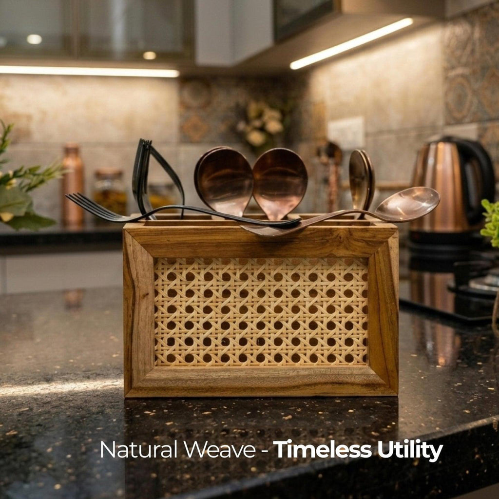 Natural Rattan Wooden Desk Organizer Storage Box- Set Of 2